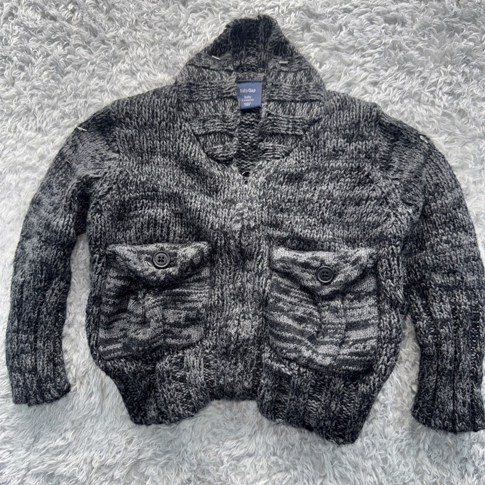 Baby Gap Chunky Knit Sweater Jacket Zipper Cardigan Grey 3 - 6 Months